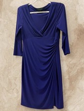 Lauren Ralph Lauren Purple Faux Wrap Ruched Midi Dress 3/4 Sleeve Size 10