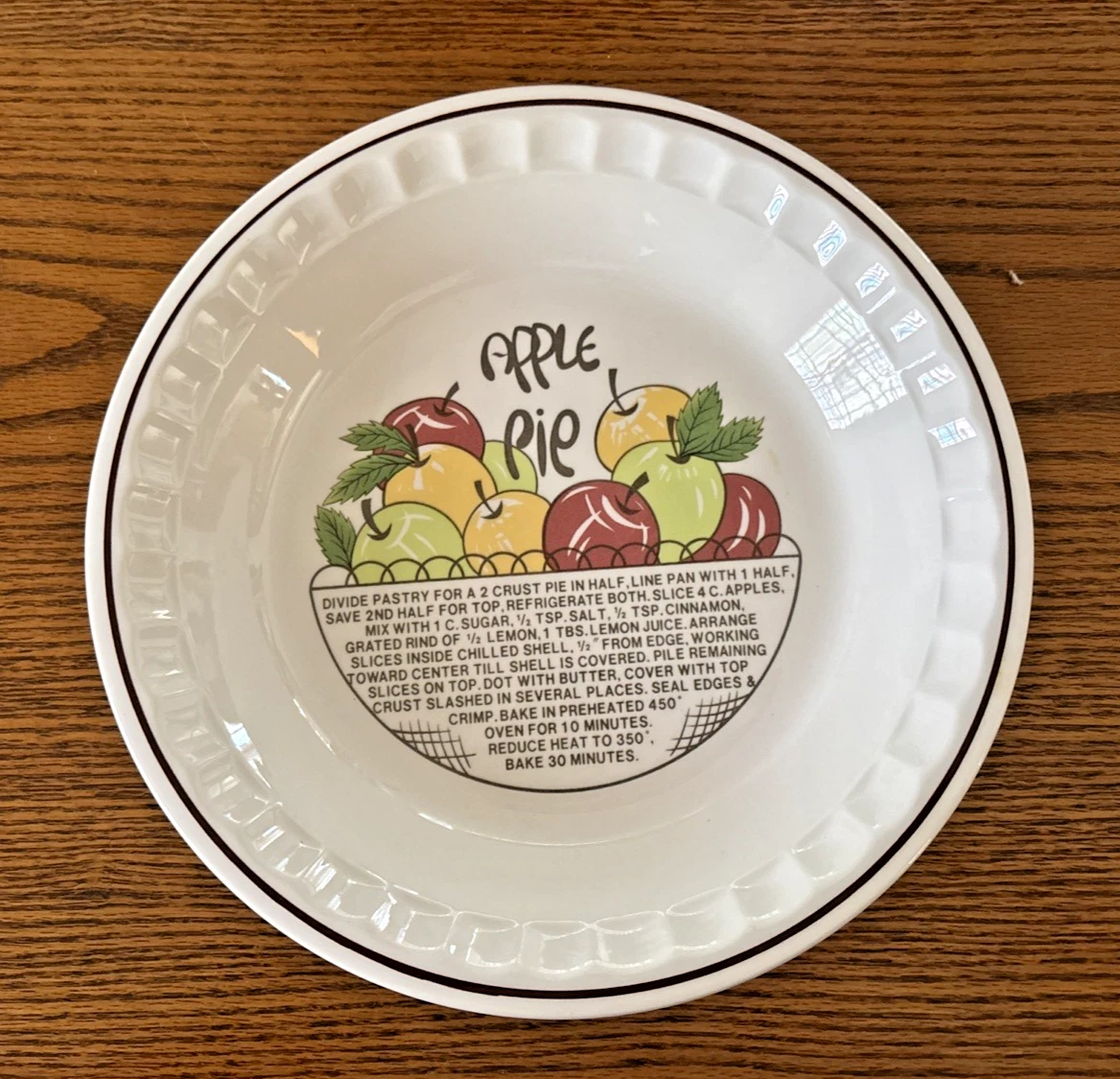 Vintage Ceramic Apple Pie Recipe Baking Dish, 10.5" W x 2" D