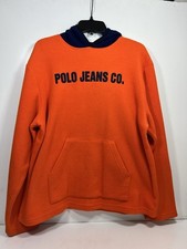 Vtg Ralph Lauren Polo Jeans Co Fleece Hoodie Orange Blue Hood 90s Mens L