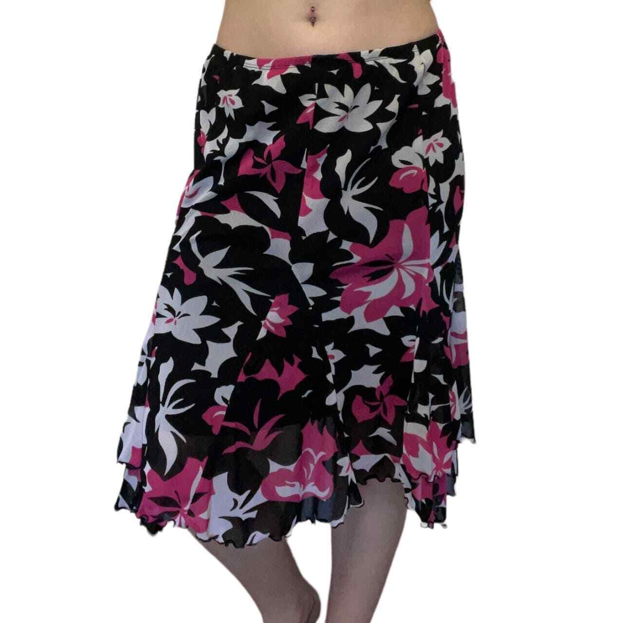 Black Pink White Floral Midi Skirt Whimsigoth Fai… - image 1