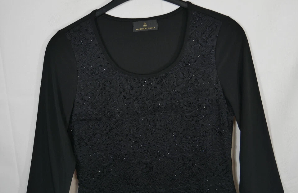 ALFREDO PAULY Elegantes Stretch Blusen Shirt Schwarz Spitze Glitzer Steine Gr 38 - Bild 2 von 4
