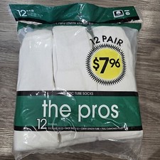 Vtg The Pros 12 Pack Pairs Athletic Tube Socks White Cotton Crew Length 10-13