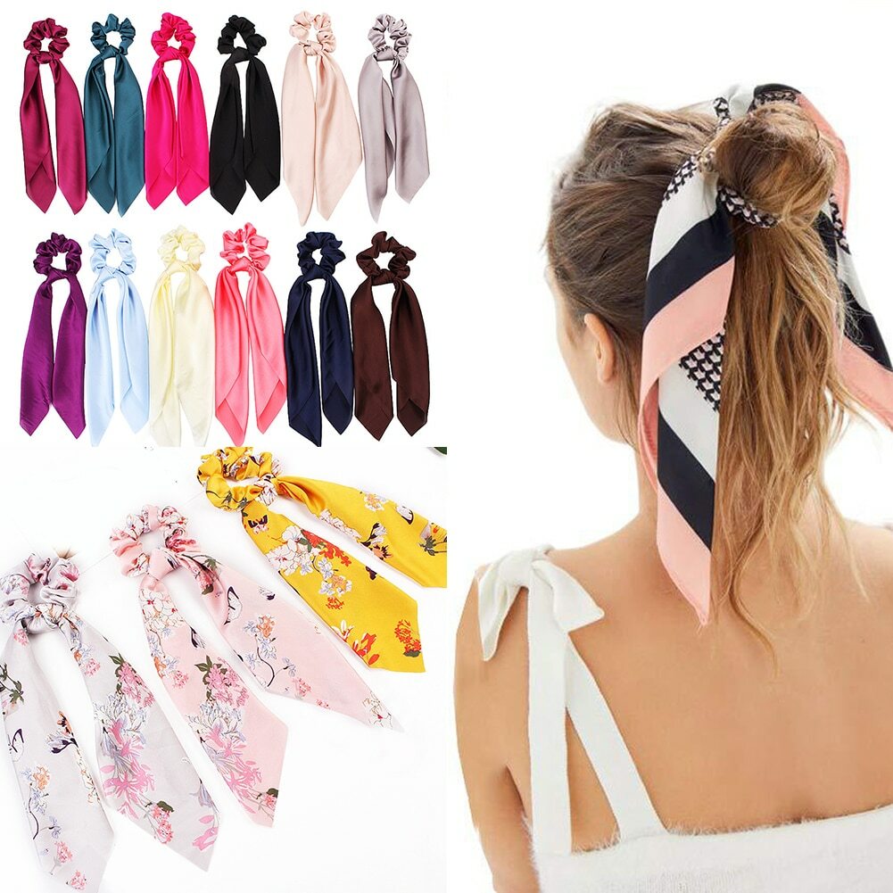 Solid/Floral Bow Satin Long Ribbon Ponytail Scarf Hair Tie