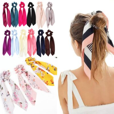 Solid/Floral Bow Satin Long Ribbon Ponytail Scarf Hair Tie Scrunchie  Elastic UK