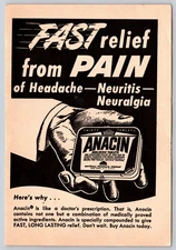 1950 PRINT AD Anacin Fast Relief from Pain of Headache Neuritis Neuralgia Hand