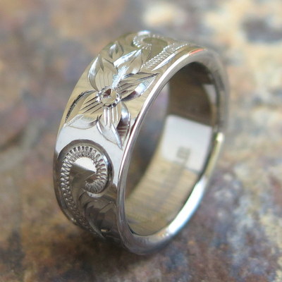 Titanium Hawaiian Plumeria Flower Scroll Engraved Wedding Ring Band 8mm TIR1011