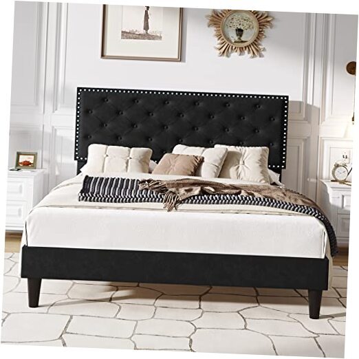 Queen Size Velvet Bed Frame with Adjustable Headboard, Diamond Button Tufted