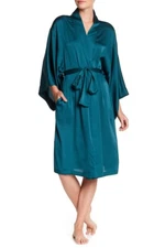 NEW NATORI $140 GREEN FEATHERS SATIN KIMONO ROBE SZ XS EXTRA SMALL
