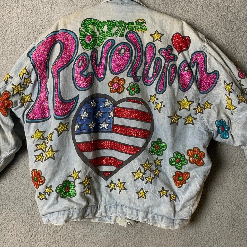 De Colección Sixties Revolution Jeans Chaqueta Para Hombres M Azul Denim Lentejuelas Groovy Hippie Foto 2 de 4