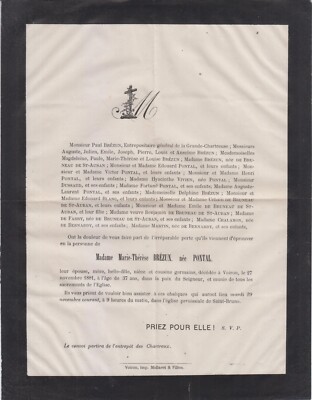 1881 Sterbeurkunde Marie-Thérèse BRÉZUN, geboren PONTAL - Voiron (Isère).