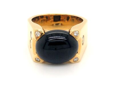 Men's Modern Black Jade and Diamond Ring 18k Yellow Gold