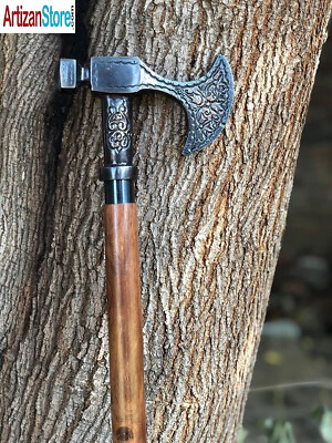 Vintage Style Brass Axe Head Handle Nautical 37''Wooden Walking Stick Cane Gift