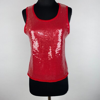 D.F.A. New York Womens M Red Clear Sequined Front Mesh Nylon Sleeveless Tank Top