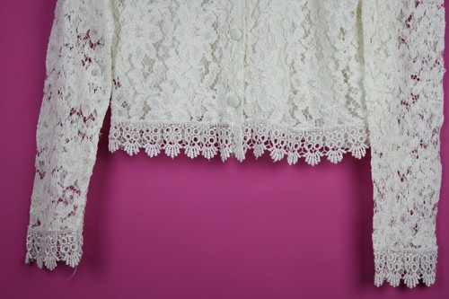 VINTAGE 90s Cream Ivory Floral Crop Lace Womens Blouse Sheer Evening Top XS 6 8 - Picture 3 of 12