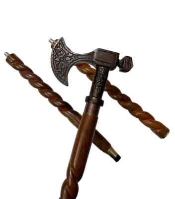 Axe Head Walking Stick, Victorian Wooden Walking Stick, Spiral Cane, Nautical Ge