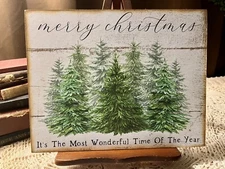 Merry Christmas, Winter Trees,  Primitive Handcrafted Plaque / Sign