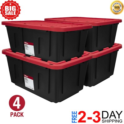 27 Gallon Stackable Snap Lid Plastic Storage Bin Container with Red Lid,Set of 4