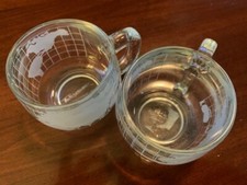 VINTAGE NESCAFE NESTLE SET OF TWO (2) WORLD GLOBE MAP ETCHED GLASS COFFEE CUPS