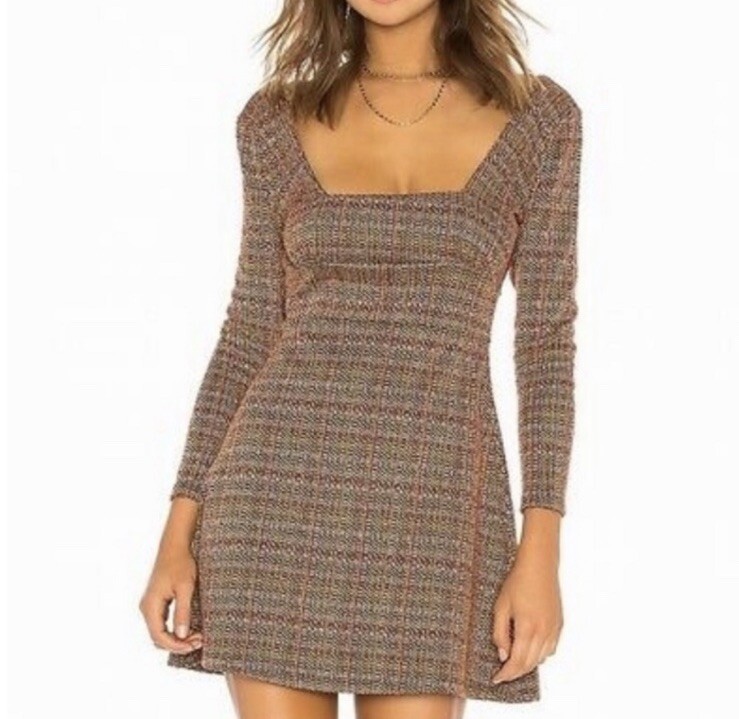 $98 NWT Free People Women's Uptown Girl Mini Dress Brown Multi