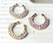 1pc Non-Piercing Gold Double Line Paved Gem Septum Hanger Clip-On Fake Nose Ring