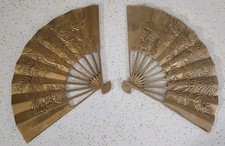 Vintage Brass Oriental Style Two Hand Fans Phoenix Dragon Hanging Wall Decor