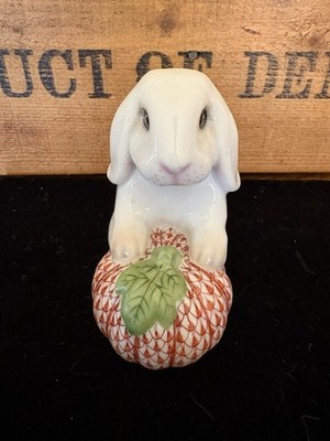 Herend Hungary - Hand Painted White Bunny Rabbit w/ Fishnet Pumpkin Figurine