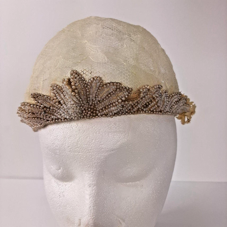 VTG Bridal Cap Beaded Headpiece Wax Flowers 2-Layer Netting Floral Lace Juliet - Image 2 of 4