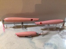 Plugcaster Pencil Poppers. Lot of 3.  Saltwater Lures. Pink. New & Used. 