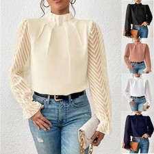 UK Womens Sheer Lace Shirts Ladies Work High Neck Long Sleeve Loose Tops Blouse