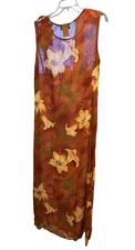 VTG John Roberts Semi Sheer Slip Maxi Dress Sz 12 Maroon Hawaiian Rayon Floral