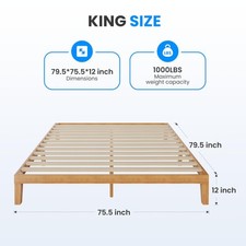 King Size Wood Bed Frame 12 Inch Platform Bed with Support Slats Natural Pine