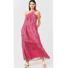 XÍRENA Womens Maisie Tiered Poplin Maxi Dress Sz M One Shoulder  Pink And Blue