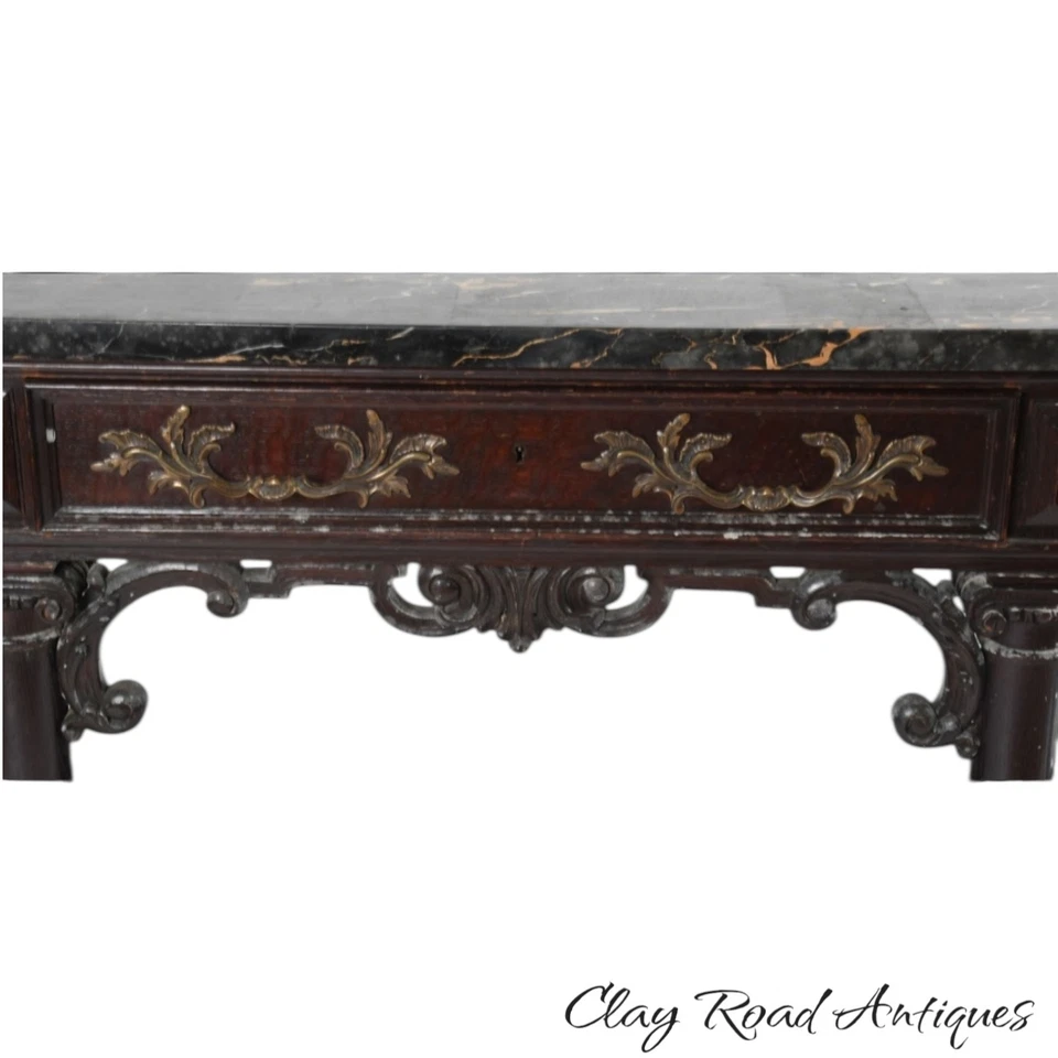 Antigua consola de roble pasillo mesa vestíbulo columnas estrechas tallado tapa de mármol victoriano Foto 4 de 4