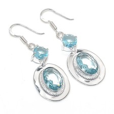 Aqua Aquamarine Gemstone Handmade 925 Sterling Silver Jewelry Earring Size 1.5"