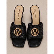 Valentino VLogo Signature Quilted Leather Mules Womens 6 Black Excellent Heel