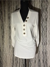 Waffle Knit Button-Front V-Neck Blouse - Whit...