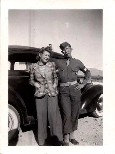 Vintage Snapshot Photo WWII Era Soldier & Woman by Car 1940s Military Uniform