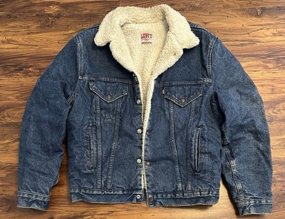 Vintage Levi s Sherpa Trucker Jacke   Made in USA   Größe L   Dunkelblau Denim