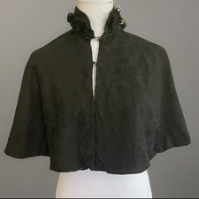 Victorian Edwardian Black Brocade Mourning Cape w/ Beaded  Feather Collar