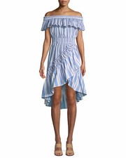 MISA Los Angeles Marin Dress Womens Medium Blue White Stripe Off Shoulder Ruffle