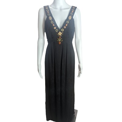 Jax Black Maxi Dress Beaded Boho Embellishments Flowy Tie Waist V Neck sz  10 | eBay