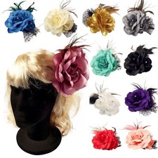 Double Rose Fascinator Wedding Party Hair Clip Head Piece with Diamonds Feather