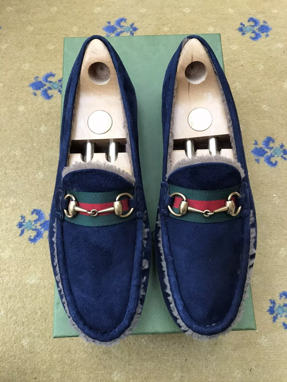 Mocassins Gucci chaussures en peau de mouton daim conducteurs Horsebit Web rouge hommes UK 9 US 10 43