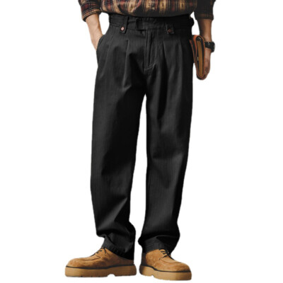 Herren Baumwolle Gerades Bein Freizeithose Slim Retro Hohe Taille Passform Lange Hose