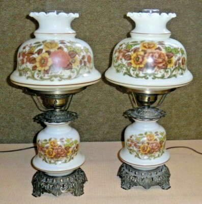 Pair Of Quoizel Floral Milk Glass Hurricane Table Lamps 1961