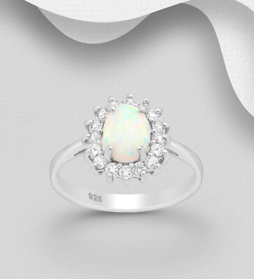 925 Sterling Silber Damenring mit CZ und synthetischem Opal - Echtschmuck Ring