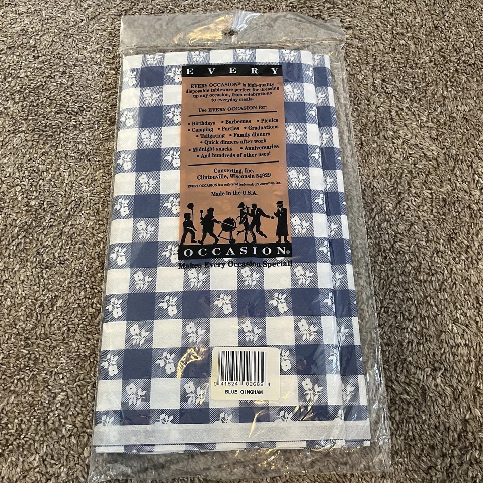 Vtg Every Occasion 2 Ply Table Cover 54 in x 84 in Rectangle Blue White Gingham - Image 2 of 2