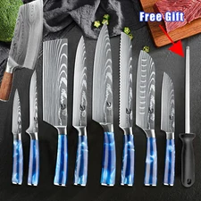 Lot Kitchen Knife Set w/ Sharpener Stainless Damascus Pattern Pro Chef Knives US