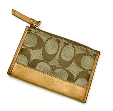COACH Signature Small Coin Purse Key Ring Credit Card Holder 3"x4.5" Tan