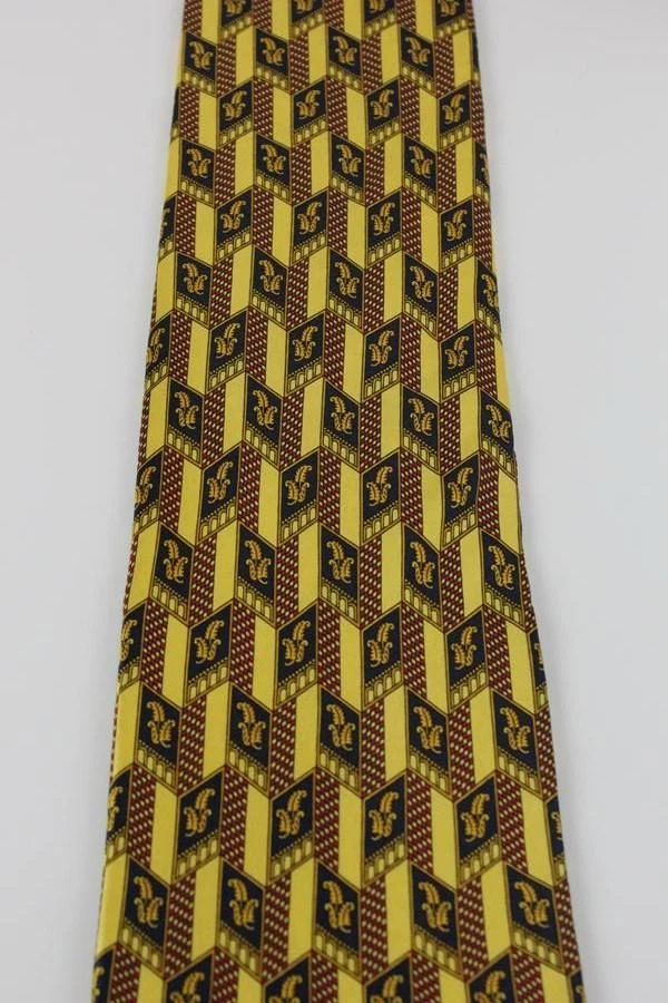 Corbata de seda Tom James. Motivo de hoja floral amarillo con rojo y azul. Foto 2 de 4